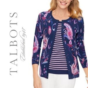 Talbots Charming Collection Blue & Pink Winding Paisley Cardigan Sweater Sz S
